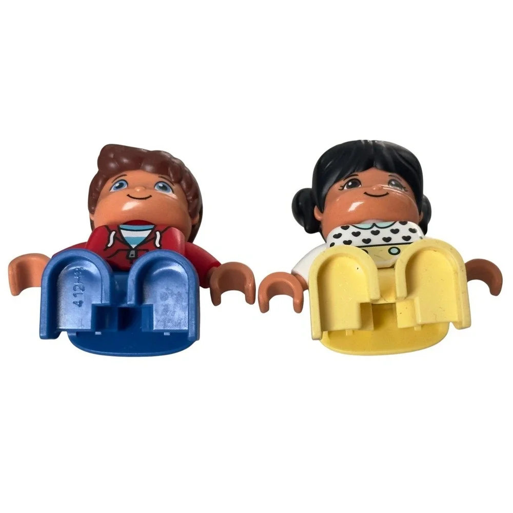 LEGO DUPLO Figure Lot 2x Boy Red Hoodie Jacket & Girl Hearts Yellow Pants Set